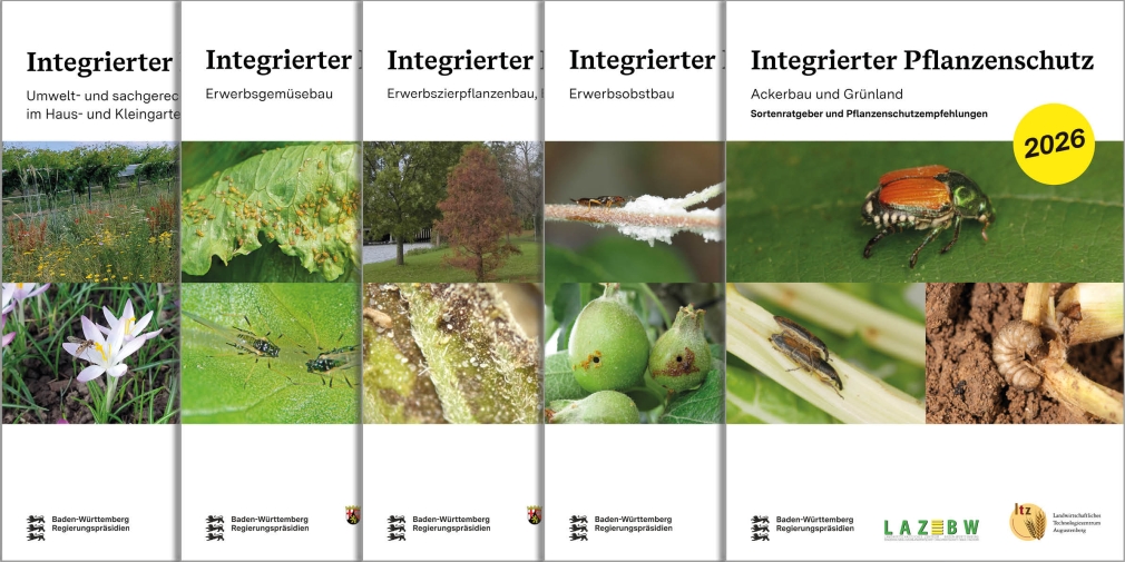 Bild zeigt die Titelbilder der 5 Broschüren Integrierte Produktion des LTZ Augustenberg 2026